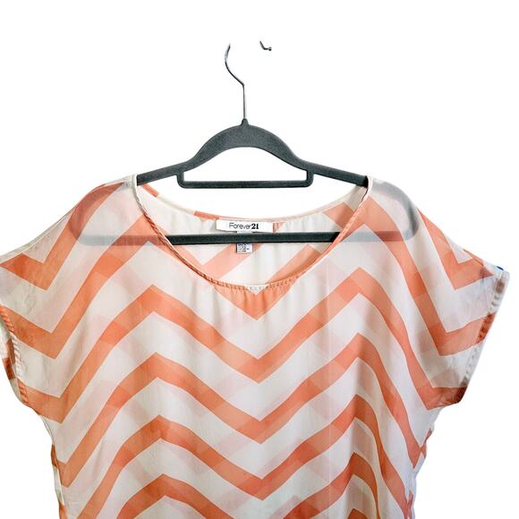 Forever 21 Women's M Chevron Stripe Blouse Orange White Lightweight Semi Sheer - Picture 2 of 6